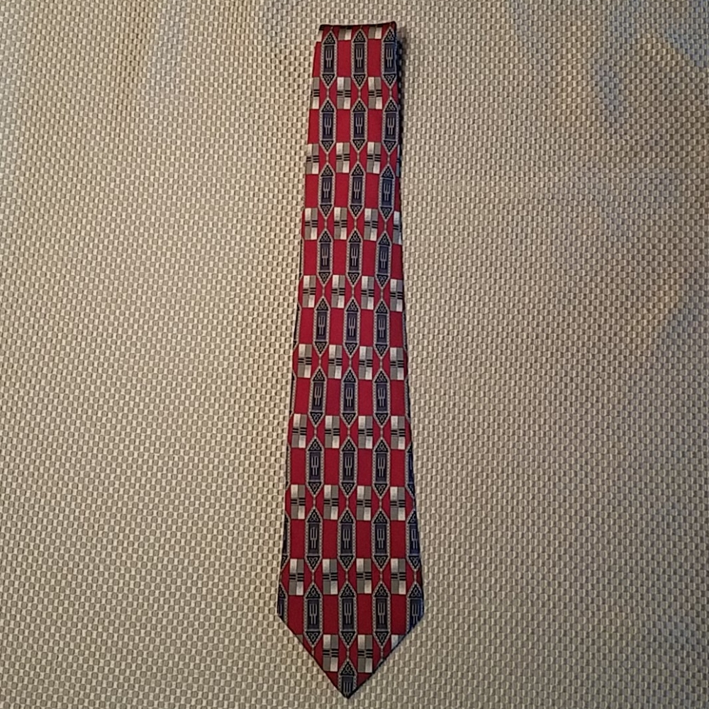 Dior 100% Silk Red and Black Tie with Geometric Pattern